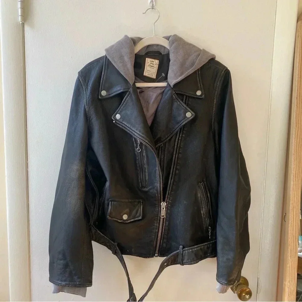 NWT Free People Leather Moto Jacket Hooded Black Gray We The Free
